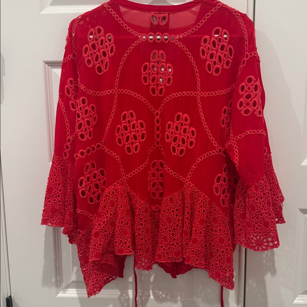 JOHNNY WAS XANTHOS RAE BLOUSE Embroidered Frilly Eyelet Red Sz Medium - Picture 8 of 13